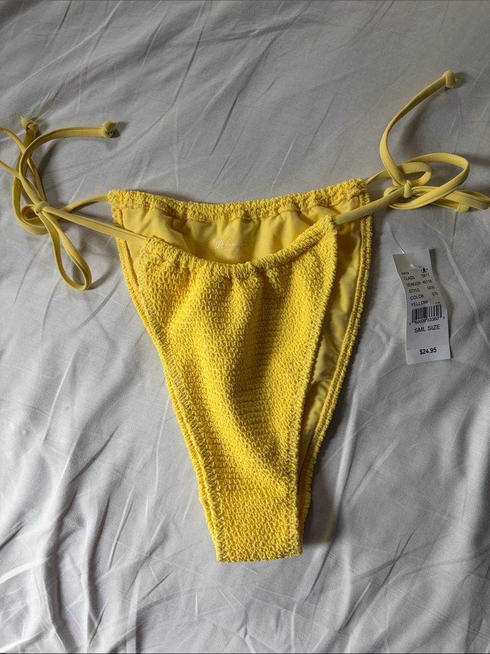 La Hearts Cheeky Yellow Textured Tie-Side Bikini Bottom